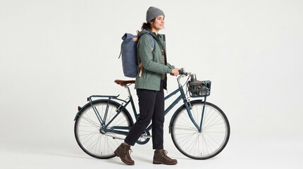 Naklejka premium A young woman with a backpack stands beside her bicycle in a neutral studio setting, exuding a sense of adventure and readiness