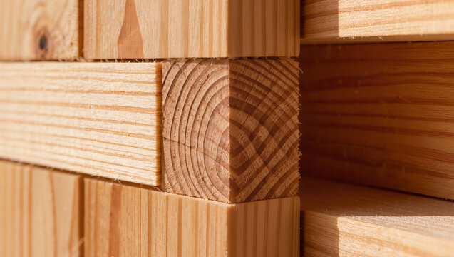 Stacked pine wood timber beams construction material closeup with visible grain pattern and growth rings, natural lumber texture for log house building and carpentry