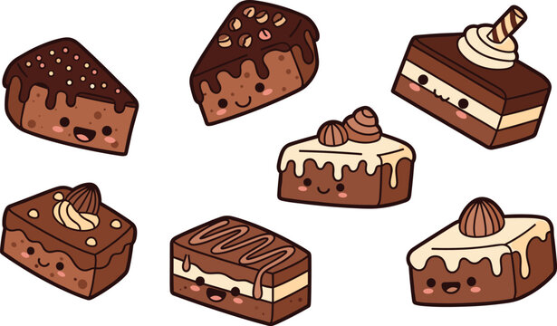Cute chocolate cake slice collection with creamy toppings and kawaii dessert characters sweet bakery vector illustration set isolated