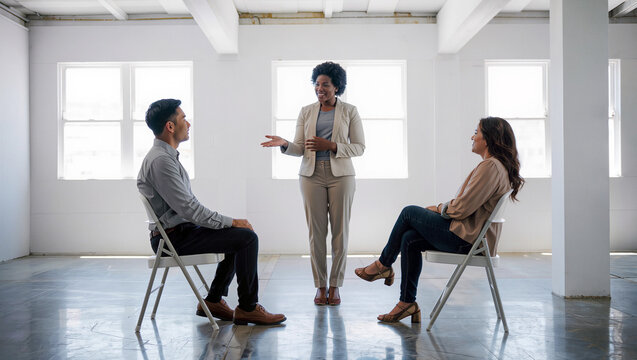 African American female real estate agent presenting empty loft apartment to couple clients sitting on chairs, professional broker showing property to potential buyers in bright space