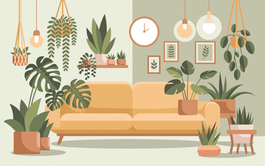 A cozy living room with many plants and a yellow couch  © sabbir