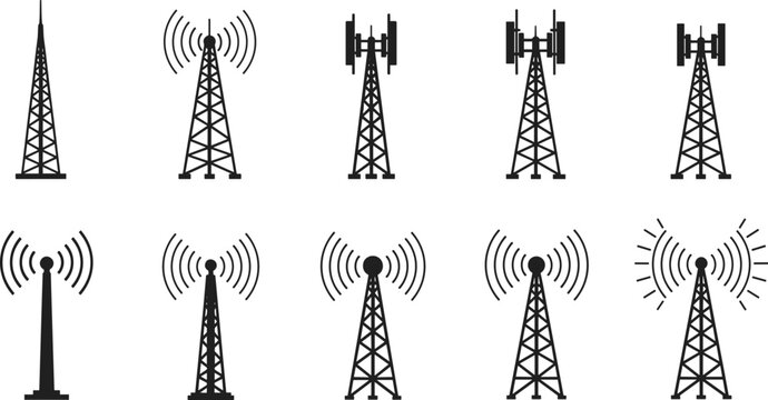 elecommunication tower vector set with wireless signal antennas, radio transmission masts collection in silhouette style for network, technology and communication design