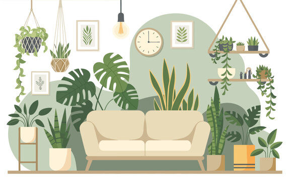 Vector illustration of a cozy living room with many plants
