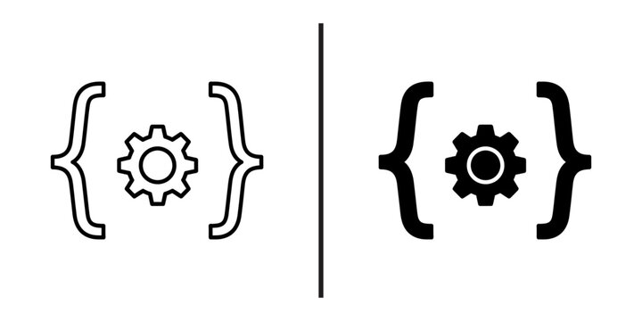 Code settings engine icon set, curly brackets gear line and solid vector icons, software development optimization symbols