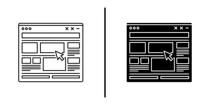 Web design layout wireframe icon set, browser page layout line and solid vector icons, user interface mouse arrow symbols