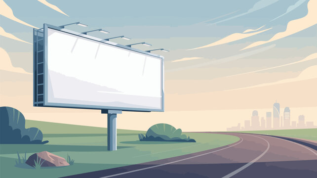 A blank billboard on the side of a winding road leading to a city
