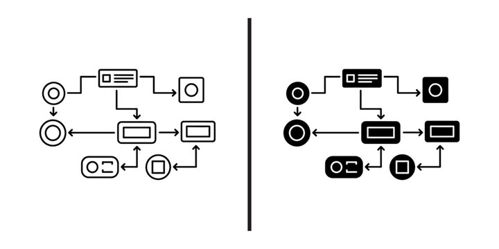 Flowchart algorithm icon set, workflow mind map diagram line and solid vector icons, logic schematic process symbols