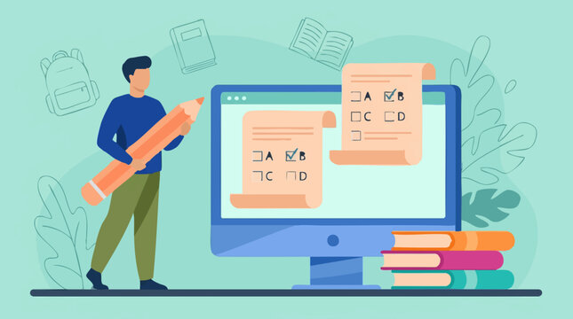 Online education concept: Student taking test on computer with pencil
