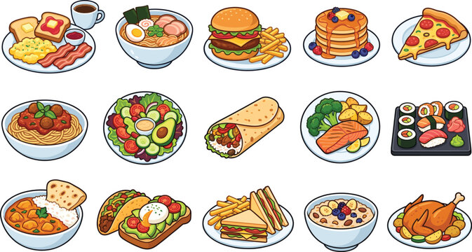 Food dish collection with breakfast lunch dinner meals including burger pizza sushi salad pasta and healthy cuisine vector illustration set