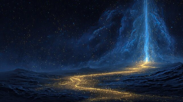Ethereal light stream flows across a dark, star-dusted landscape