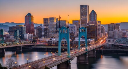 Obraz premium Portland Oregon Skyline and Bridges at Sunset.