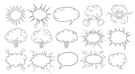 Obraz premium Vector Set of Comic Speech Bubbles, Thought Clouds, and Burst Impact Effects for Graphic Design