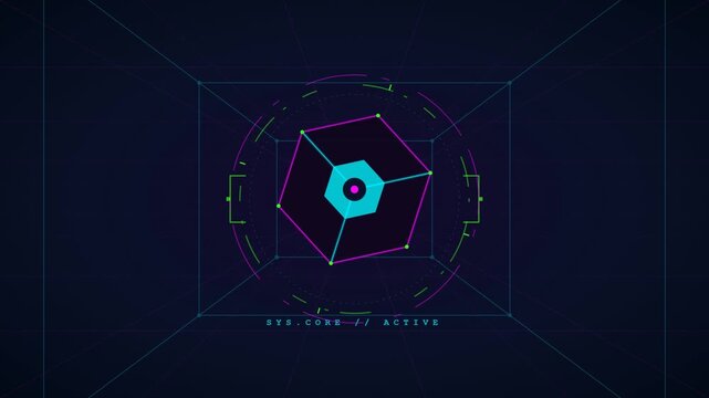Futuristic HUD interface with rotating 3D system core neon geometric lines