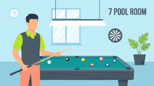 Man playing pool with cue stick and billiard balls in game room