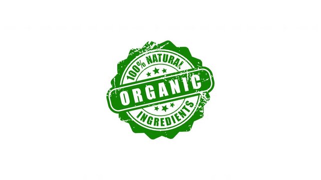 Animated 100 percent natural organic ingredients green rubber stamp with grunge texture popping up on transparent background for eco friendly products