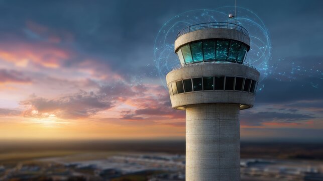 Modern airport control tower at sunset with technological overlay depicting communication and monitoring systems for air traffic management and safety