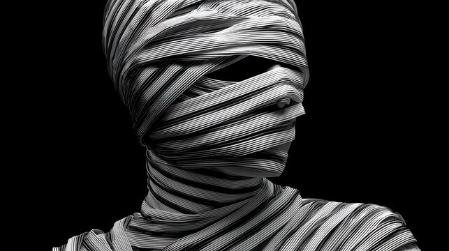 Surreal Halloween art, a mummy wrapped in bandages that are actually flowing, parallel optical stripes in grey and white
