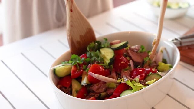 Person tossing fresh salad with steak and vegetables using wooden salad servers.