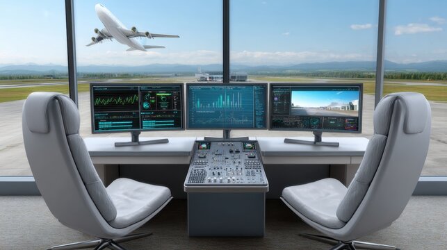 Modern Air Traffic Control Room with High-Tech Monitors Overlooking Takeoff of Airplane Against Scenic Airport Background