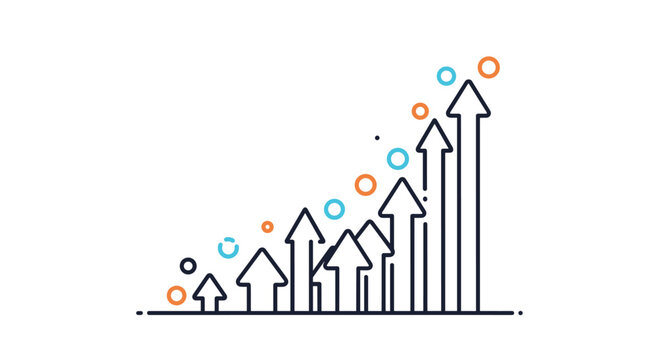 Infographic showing multiple arrows pointing upwards in a sequence with colorful dots representing growth, progress, and business success.