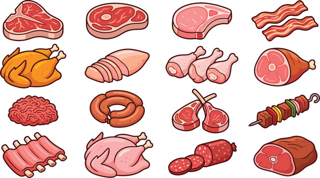 Raw meat collection with beef steak chicken bacon sausage ham and barbecue cuts butcher food vector illustration set