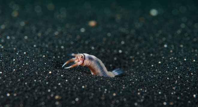 Marine worm emerges from black sand, revealing sharp jaws