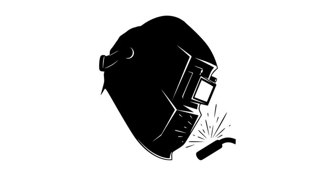 Black and white illustration of a welding mask and torch with sparks