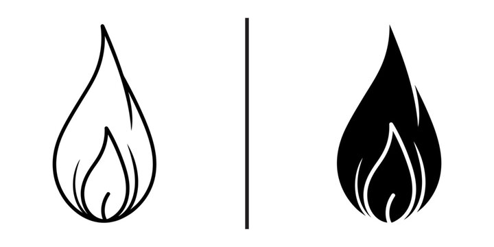 Flame fire drop icon set, warm energy spark line and solid vector icons, burn campfire ignite symbols