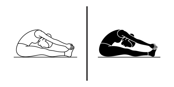 Seated forward bend yoga icon set, flexibility stretching line and solid vector icons, workout fitness wellness symbols