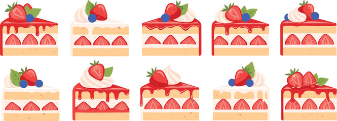 Strawberry cake slice collection with cream topping berry decoration and sweet dessert bakery vector illustration set isolated © MdMostafijur