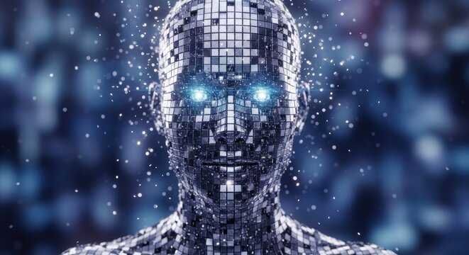 Abstract digital artwork of a futuristic robot face with glowing eyes
