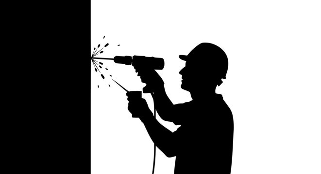 Silhouette of worker using power drill with sparks on white background