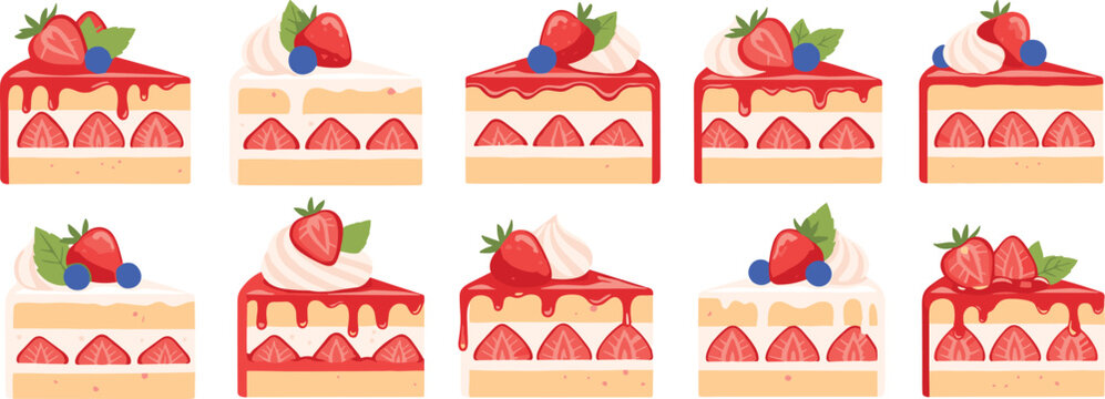 Strawberry cake slice collection with cream topping berry decoration and sweet dessert bakery vector illustration set isolated