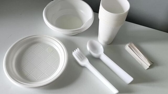 A set of disposable plastic tableware on the table. Dishes for takeaway food in a cafe