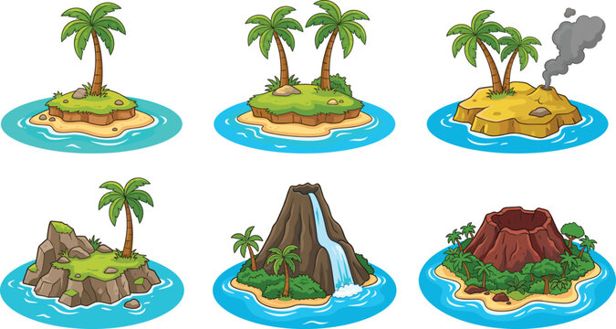 Tropical island vector set with palm trees, volcano, waterfall and ocean scenes, cartoon landscape collection for game design, travel and summer illustration