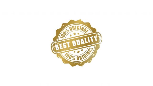 Animated 100 percent original best quality golden rubber stamp with grunge texture popping up on transparent background for premium product certification