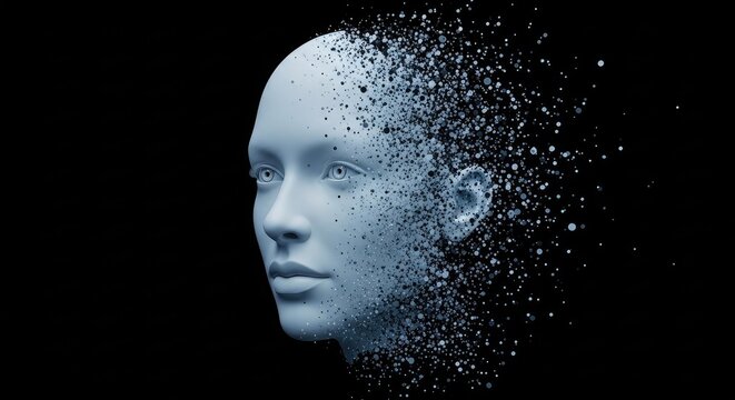 Abstract digital artwork of a human head fragmenting against black backdrop