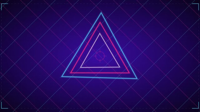 Glowing neon triangles animate and rotate on a futuristic blue grid background.