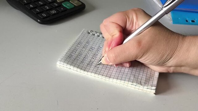 The hand uses a pen to write the numbers in the notebook. Accounting, accounting. A woman counts expenses, dead. Payment of taxes