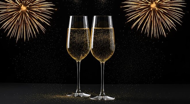 Two elegant glass flutes filled with bubbly wine against a dark backdrop with exploding golden fireworks and shimmering glitter accents, drink, glass, flute