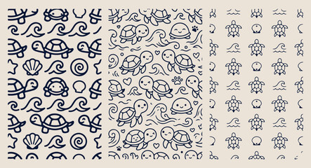 Minimal hand drawn sea turtle pattern, cute cartoon ocean reef line illustration, hand drawn wave jellyfish doodle background, expressive strokes marine life seamless art, aquatic underwater black lin © pankaj
