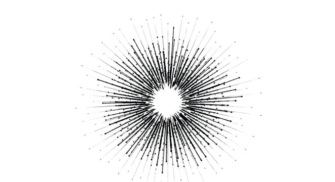 Black and white radial burst or sunburst pattern made of thin lines and dots creating a sense of energy and explosive motion in graphic art.