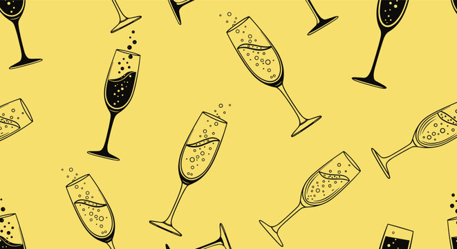 Seamless pattern of hand-drawn champagne glasses with bubbles on a yellow background perfect for celebratory, party, and festive themes.