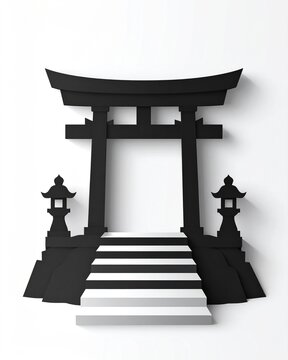 Japanese shrine with stone steps in kirie paper cut style, traditional architecture and peaceful atmosphere 3