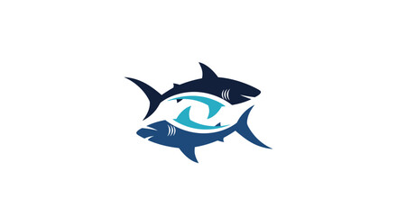 Fototapeta premium Dynamic circular logo design featuring two silhouettes of sharks swimming in opposite directions with stylized wave accents.