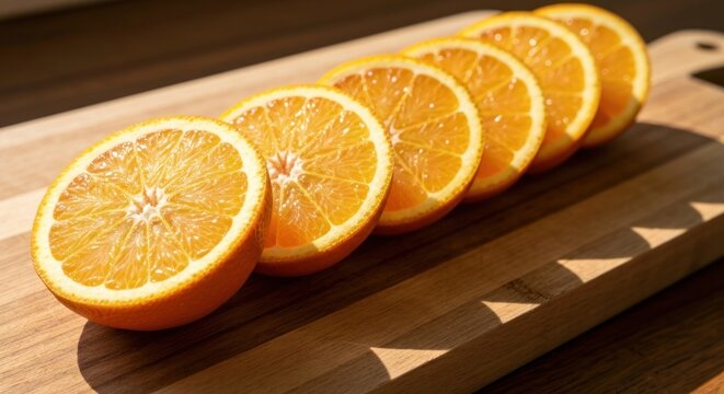Vibrant Orange Slices on Wooden Board - A Fresh and Healthy Delight.