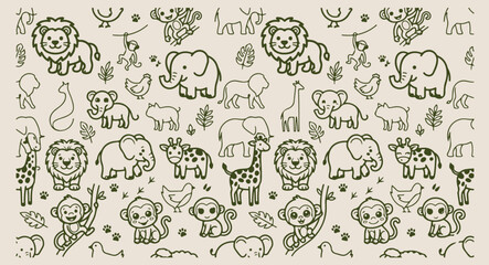 Minimal hand drawn safari wildlife pattern, cute cartoon elephant lion line illustration, hand drawn giraffe hippo doodle background, expressive strokes tropical jungle seamless art, green zoo animals © pankaj