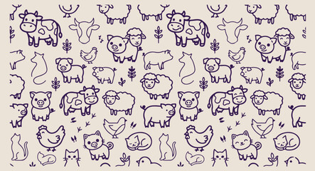 Minimal hand drawn farm animals pattern, cute cartoon cow sheep line illustration, hand drawn pig horse doodle background, expressive strokes rural agriculture seamless art, livestock barn house black © pankaj