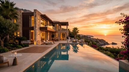 Fototapeta premium Luxury villa with pool overlooks serene ocean at sunset on cliffside