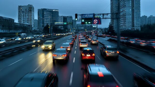 Cars in rush hour traffic jam on busy city highway, dense urban street congestion, transport scene
